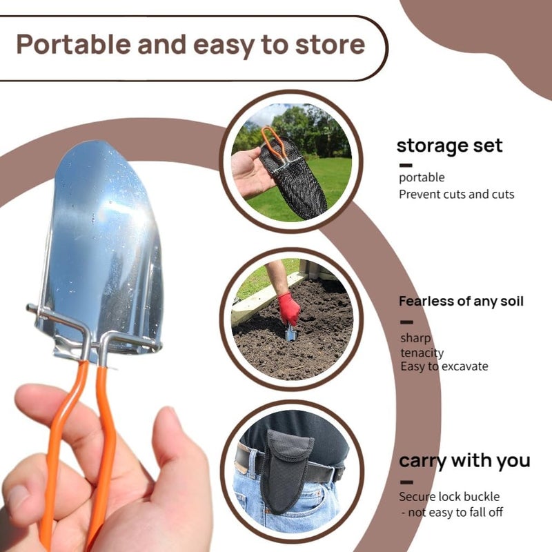 Narui Seven Stainless Steel Folding Shovel, Mini Lightweight Camping Shovel with Oxford Storage Bag, 2 Styles - Ideal for Gardening, Hiking, Beach, Outdoor Digging (Orange PVC Anti Slip Handle) - Image 2